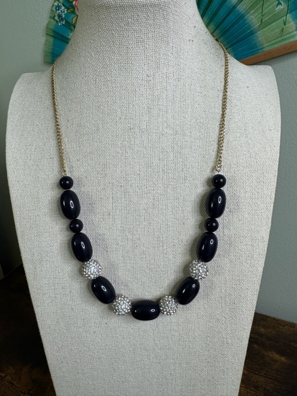 J. Crew Dark Blue Acrylic Bead Necklace with Sparkling Crystal Balls - Gold Tone